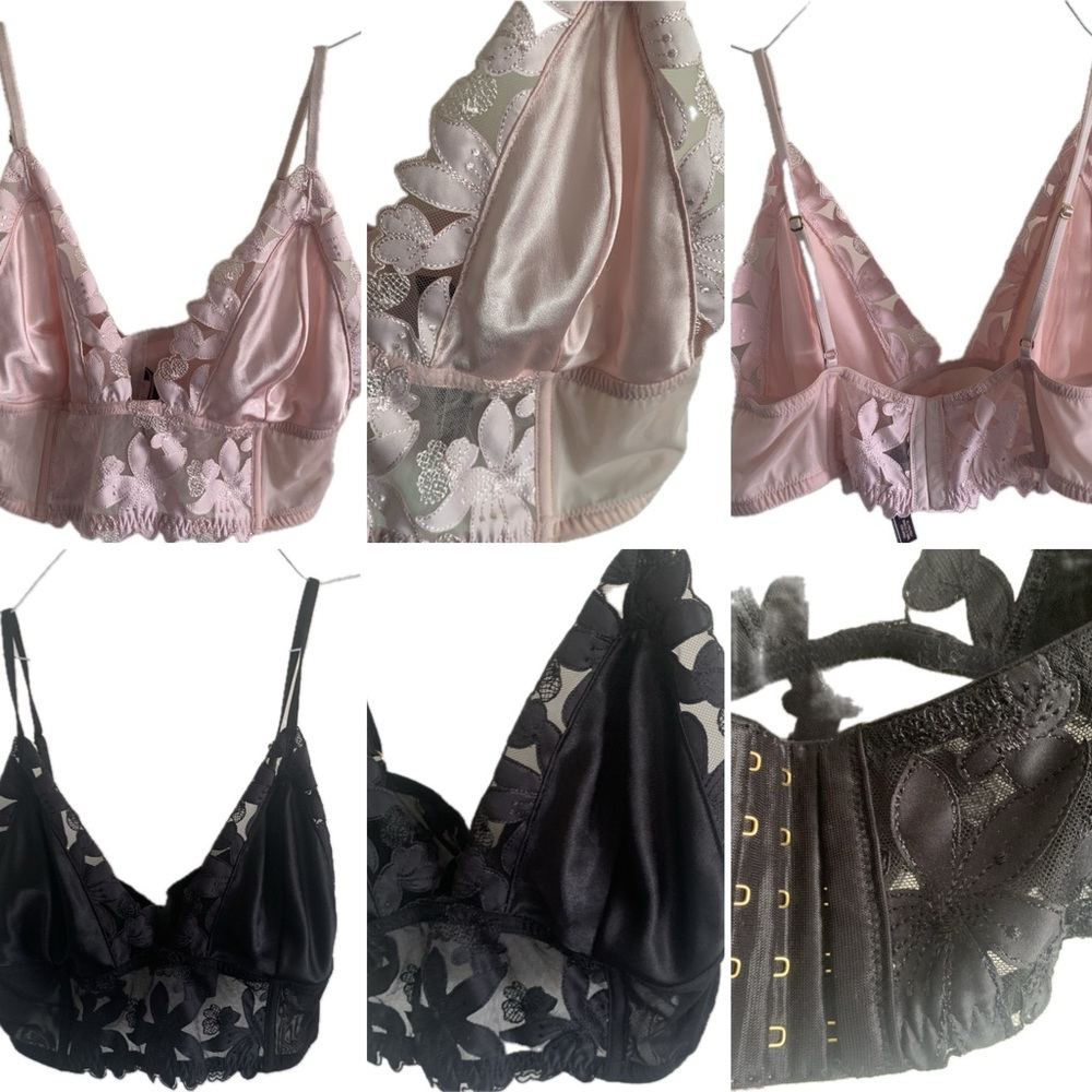 2 Victoria Secret VS luxe Pink and Black embroidered floral longline bralette XL